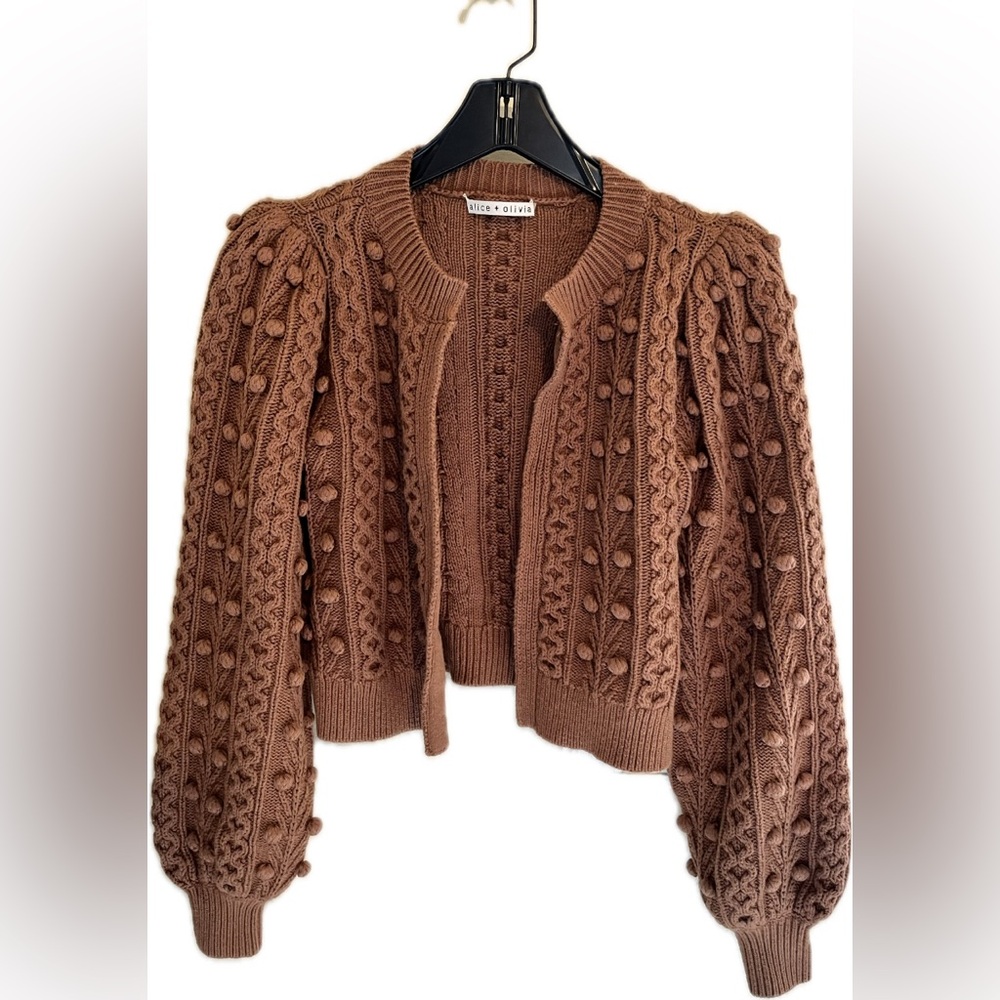 Alice + Olivia Puff Sleeve Cardigan – Cropped, brown, petite size.